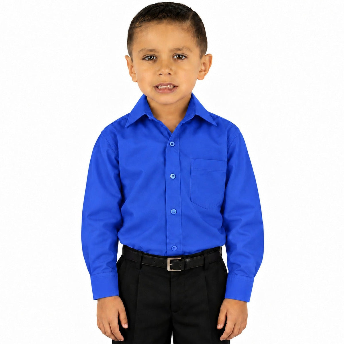 Camisa de vestir infantil azul rey zanely, niño modelo, frente fajada | color:azul-rey-zanely