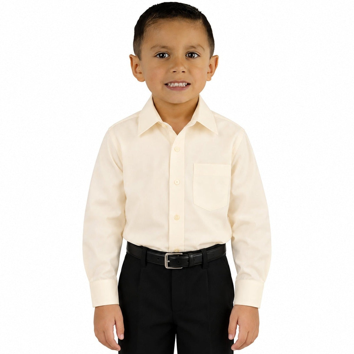 Camisa de vestir infantil beige hueso Zanely, modelo de frente, fajada y sin corbata, tallas 2 a 16 | color:beige-o-hueso-zanely
