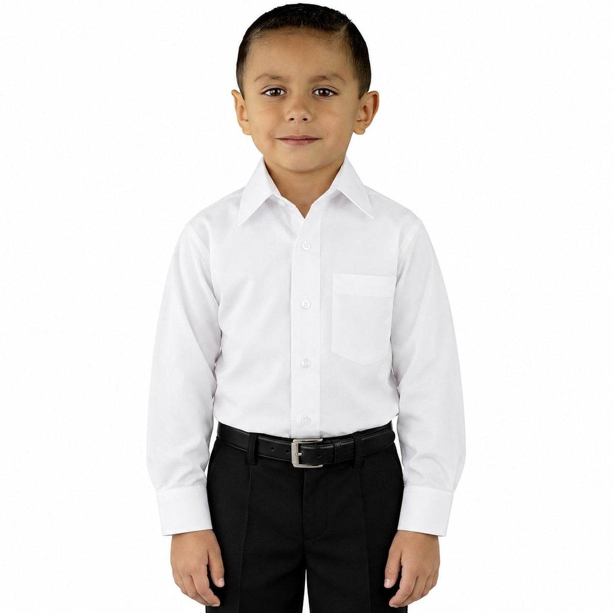 Camisa de vestir infantil blanca Zanely, modelo de frente, fajada y sin corbata, tallas 2 a 16 | color:blanca-zanely