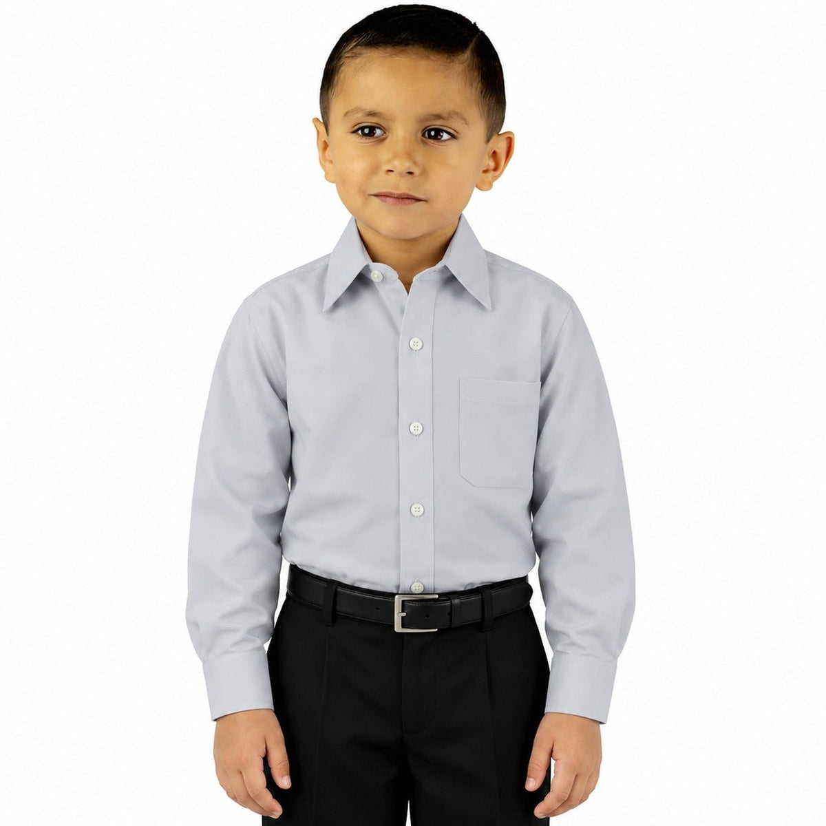 Camisa de vestir infantil gris perla Zanely, modelo de frente, fajada y sin corbata, tallas 2 a 16 | color:gris-perla-zanely