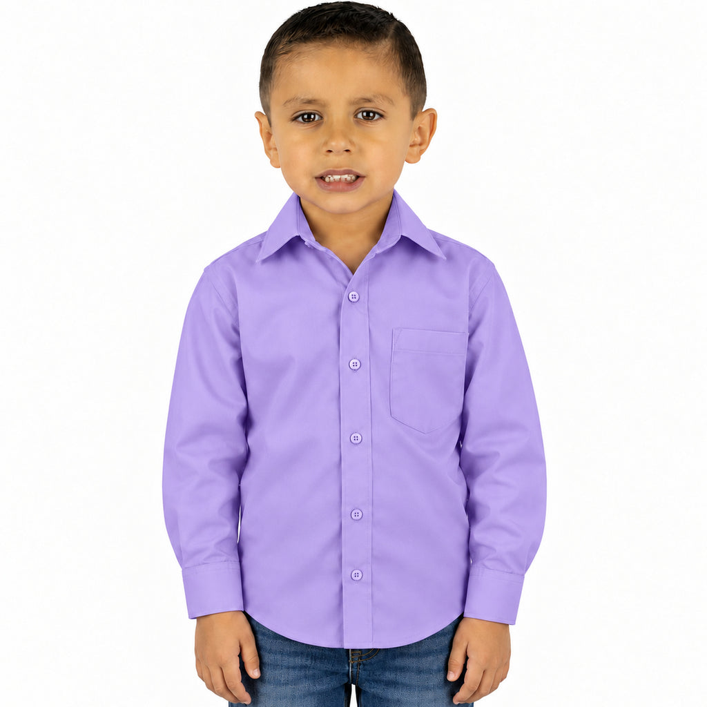 Camisa de vestir infantil Zanely lila para niño, frente desfajada mezclilla