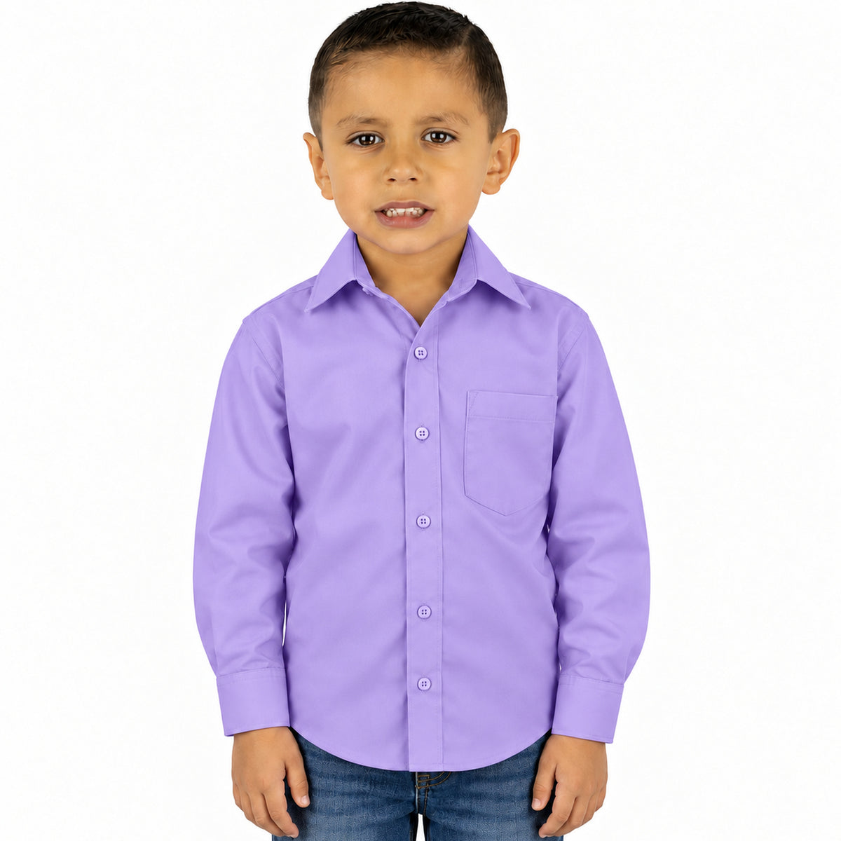 Camisa de vestir infantil Zanely lila para niño, frente desfajada mezclilla | color:lila-zanely