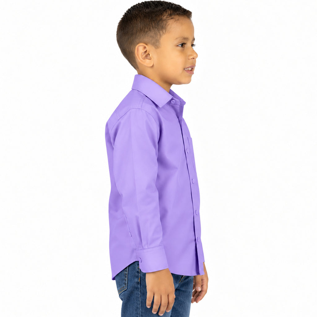 Camisa de vestir infantil Zanely lila para niño, perfil derecho desfajada mezclilla