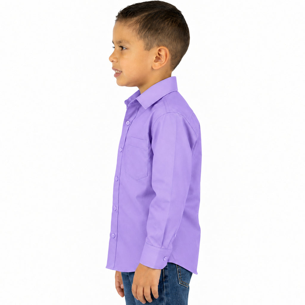 Camisa de vestir infantil Zanely lila para niño, perfil izquierdo desfajada mezclilla