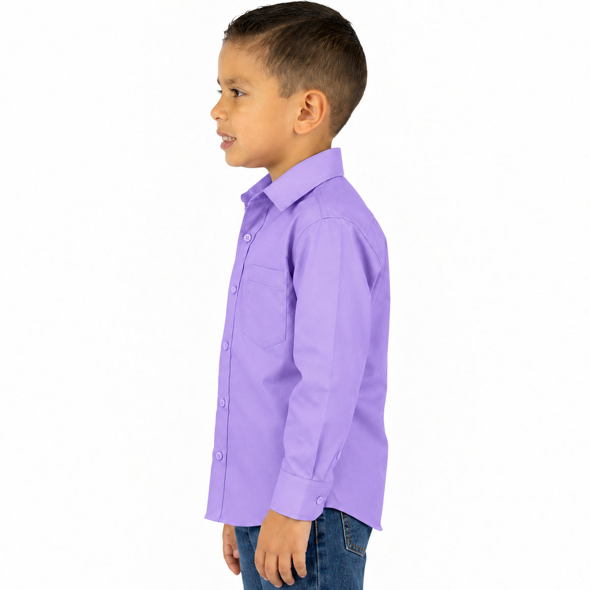 Camisa de vestir infantil Zanely lila para niño, perfil izquierdo desfajada mezclilla | color:lila-zanely