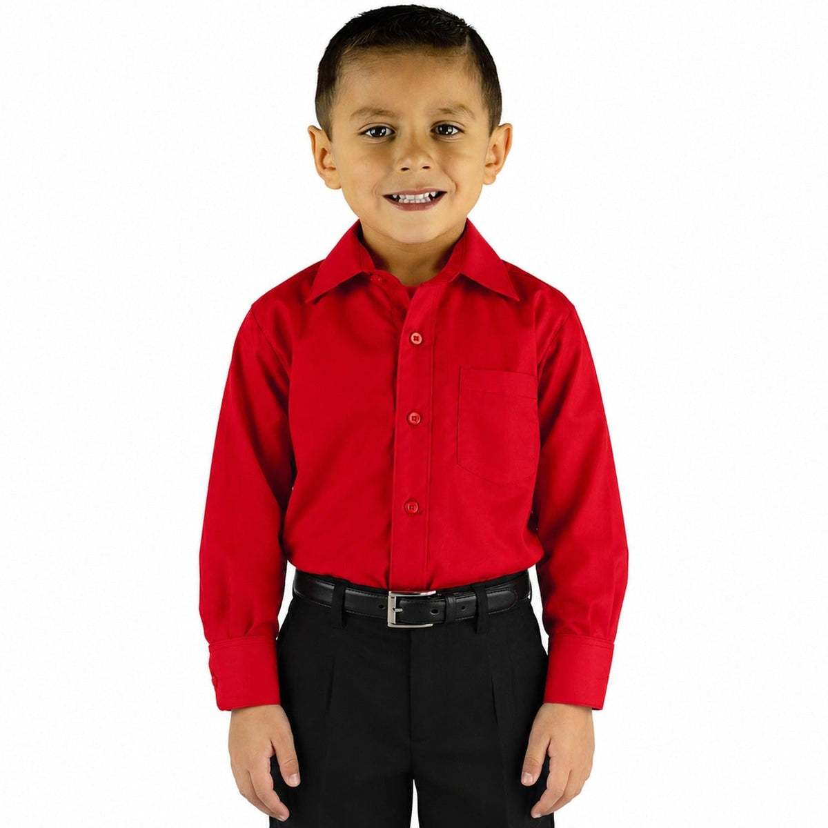Camisa de vestir infantil roja Zanely, modelo de frente, fajada y sin corbata, tallas 2 a 16 | color:roja-zanely